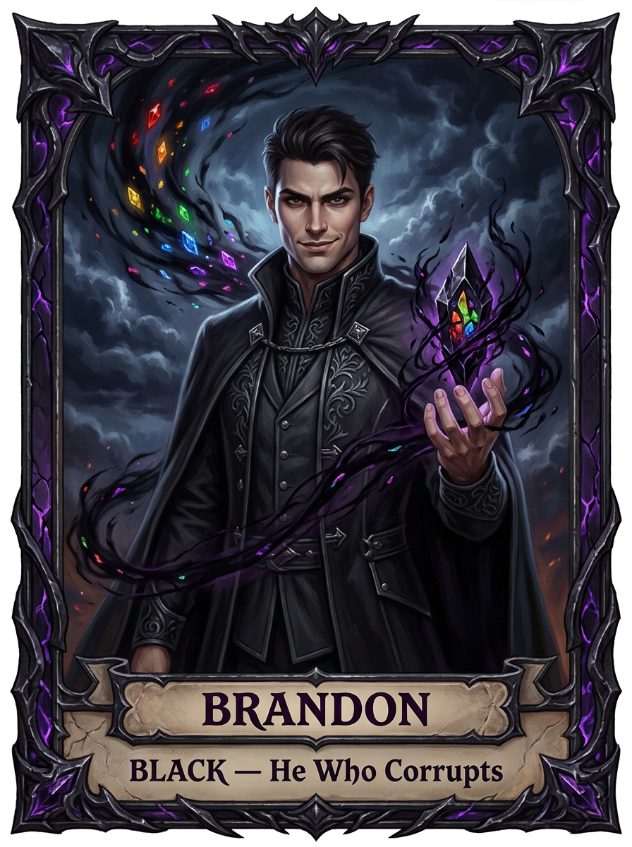 Black - Brandon’s corrupted crystal	Corrupted power: stolen colors crushed together, hunger pretending to be strength, and control that cannot create, heal, or grow.