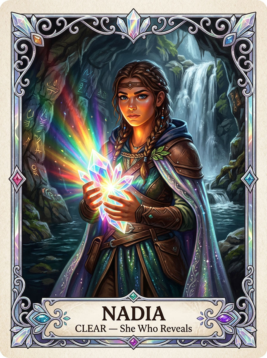 Clear - Nadia; Witness and Finder	Recognition, truth-seeing, and the power to reveal hidden colors before darkness can bury or rename them.