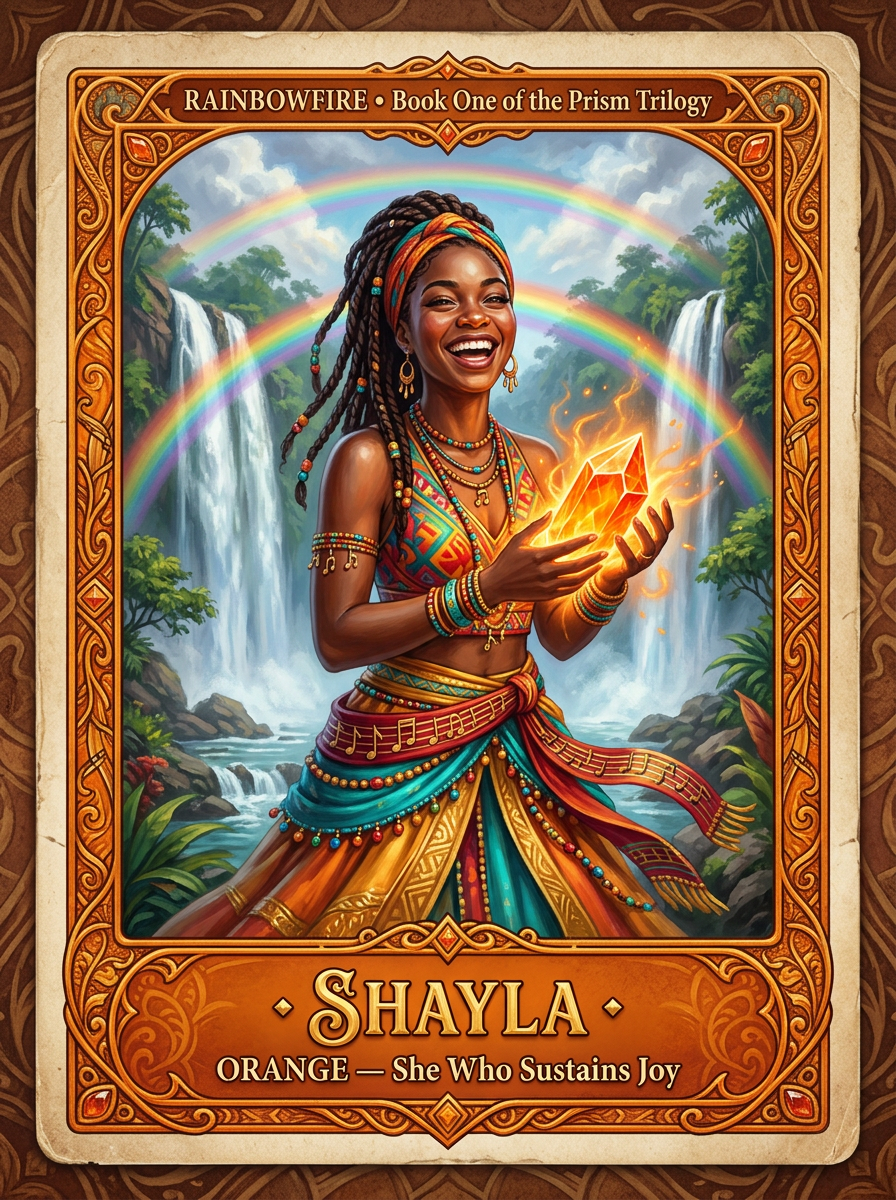Orange	- Shayla; Joy-Bright Orange	Joy, music, warmth, courage through laughter, and the refusal to let fear command the room.