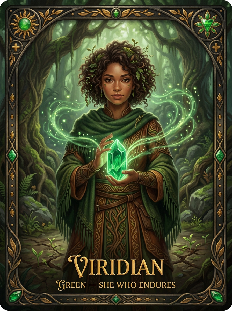 Green -	Viridian; Rootfast Green	Roots, endurance, living earth, shelter, belonging, and strength that keeps growing after fear or harm.