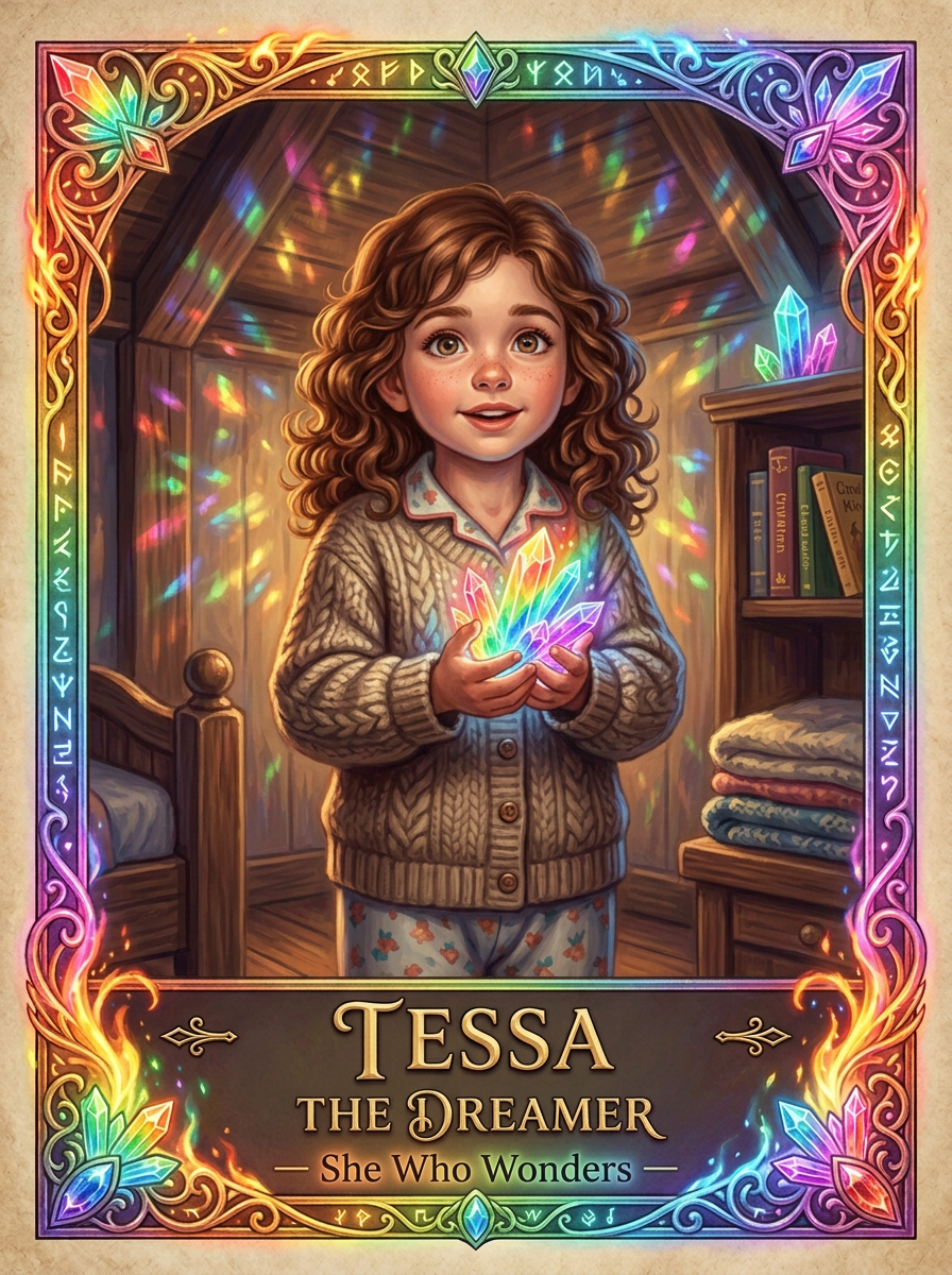 Tessa - Twin, listener and keeper of her own star-marked clear crystal; she is meant to recognize hidden bearers and reveal the light waiting in them.