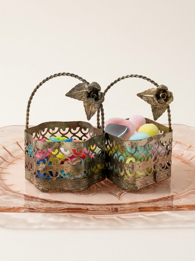 Decorative metal basket with floral design holding colorful Mardi Gras beads, plastic Easter eggs, and a small metal spoon, placed on a glass plate.