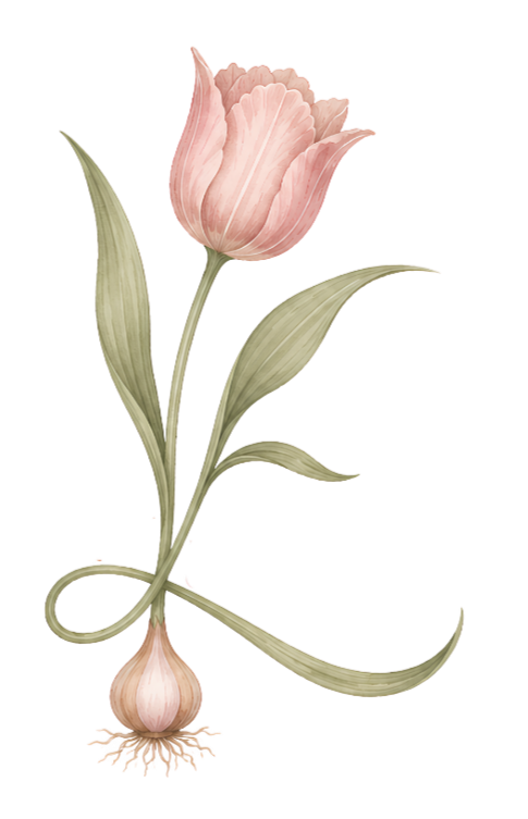 A pink tulip flower with a green stem and leaves, shown in a realistic, botanical illustration style.