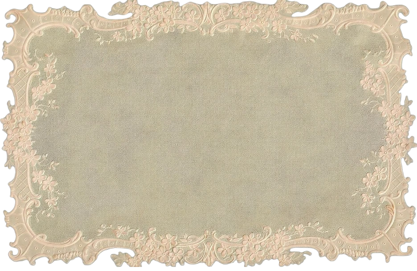 A decorative lace tablecloth with intricate floral patterns and scalloped edges.