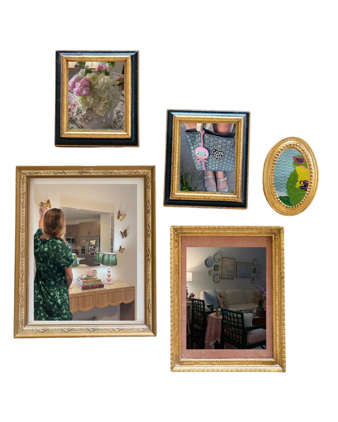 Collage of six framed pictures: a bouquet of white and pink flowers, a person with sandals and a Goyard bag, a cross-stitch art of a green dinosaur, a woman with butterflies in a room with green lamps, a cozy living room with framed art and a flower, and a girl reaching for butterflies in a kitchen.