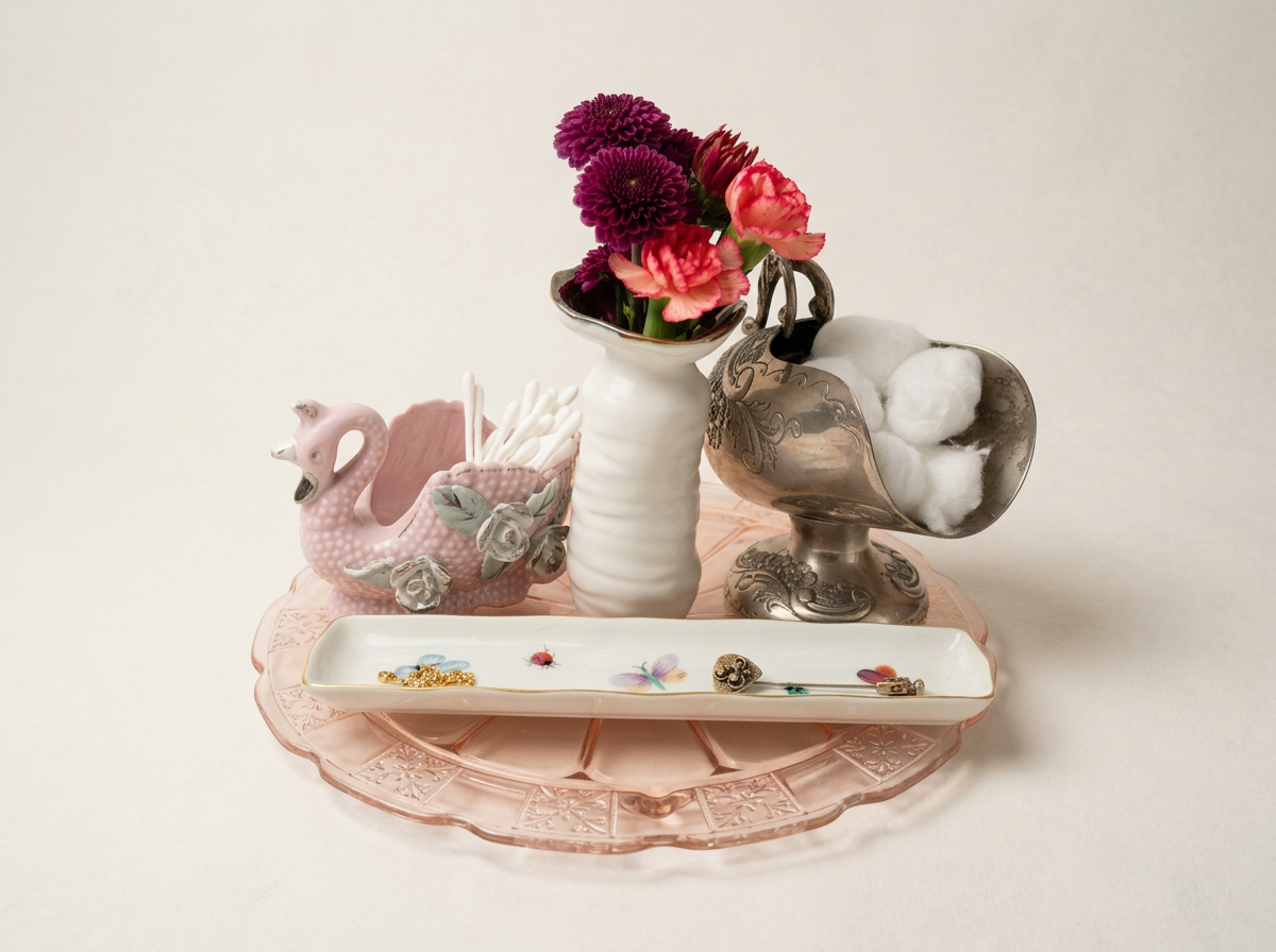 Decorative display of a pink swan-shaped jewelry holder, a white vase with pink and purple flowers, a silver bowl with cotton balls, and a long, shallow dish with small jewelry pieces on a pink glass plate.