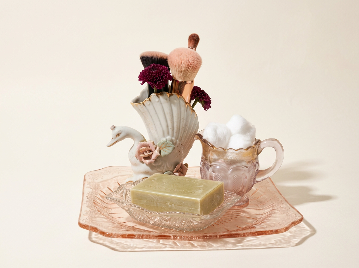 Decorative porcelain swan-shaped vase with pink flowers, makeup brushes, a glass cup filled with cotton balls, and a bar of soap on a pink glass tray.