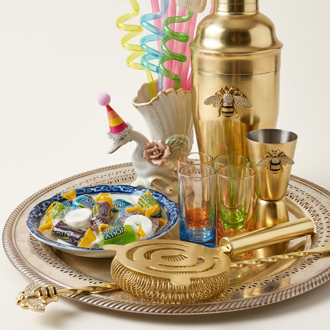 A tray with colorful drink straws and bee-themed party items, including a gold cocktail shaker, cups, a platter of assorted candy, and a gold honeycomb-shaped dish.