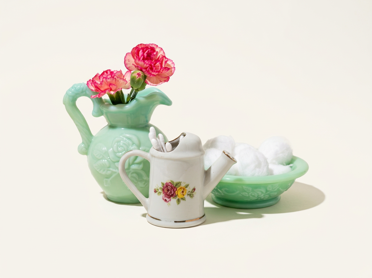 Pink and red carnations in a light green ceramic pitcher, a small white ceramic teapot with floral design containing cotton swabs, and a matching light green bowl with cotton balls, set against a plain white background.