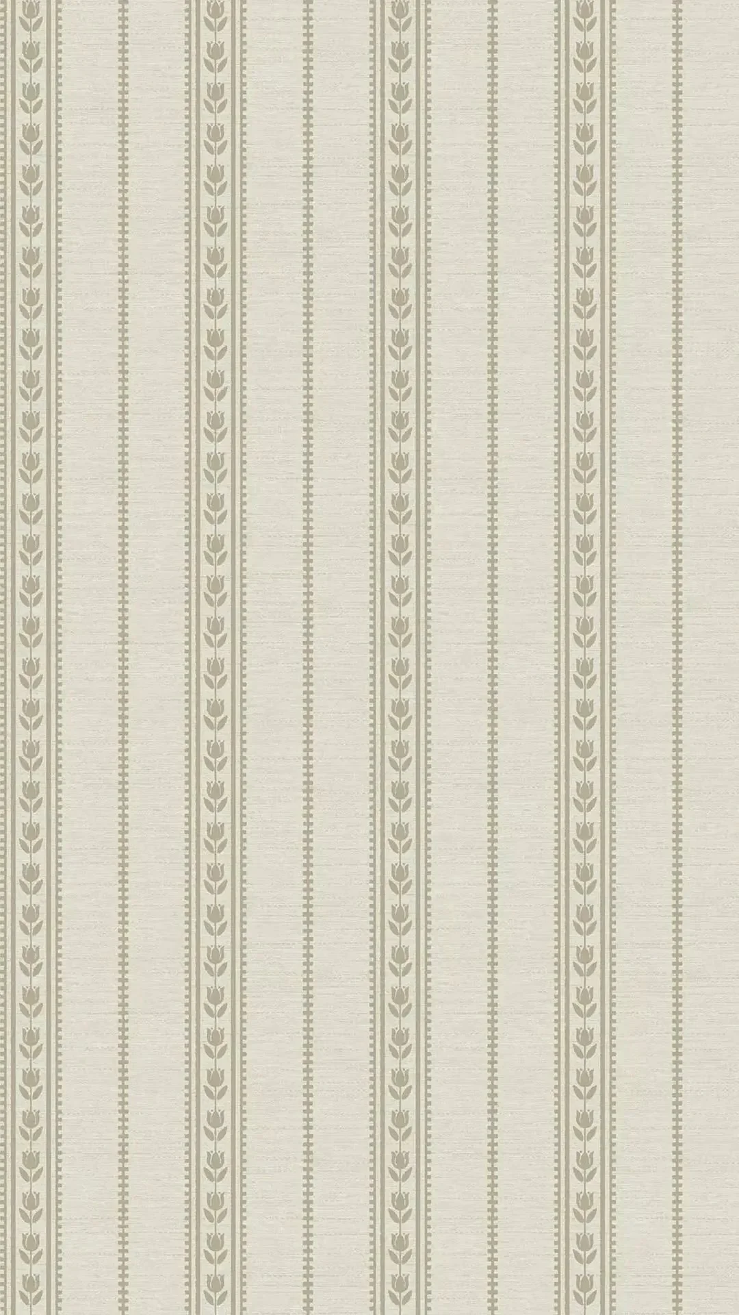 Patterned wallpaper with vertical stripes and floral motifs in neutral beige and taupe tones.