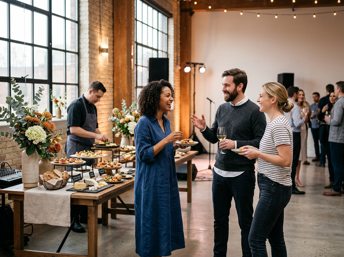 Personas compartiendo en un evento social con decoración y mesa de alimentos.