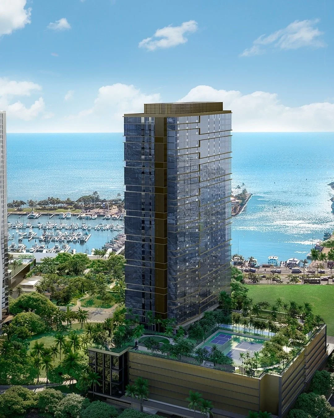 High-rise building with glass exterior overlooking a marina and ocean, with green landscaping and tennis courts in foreground.