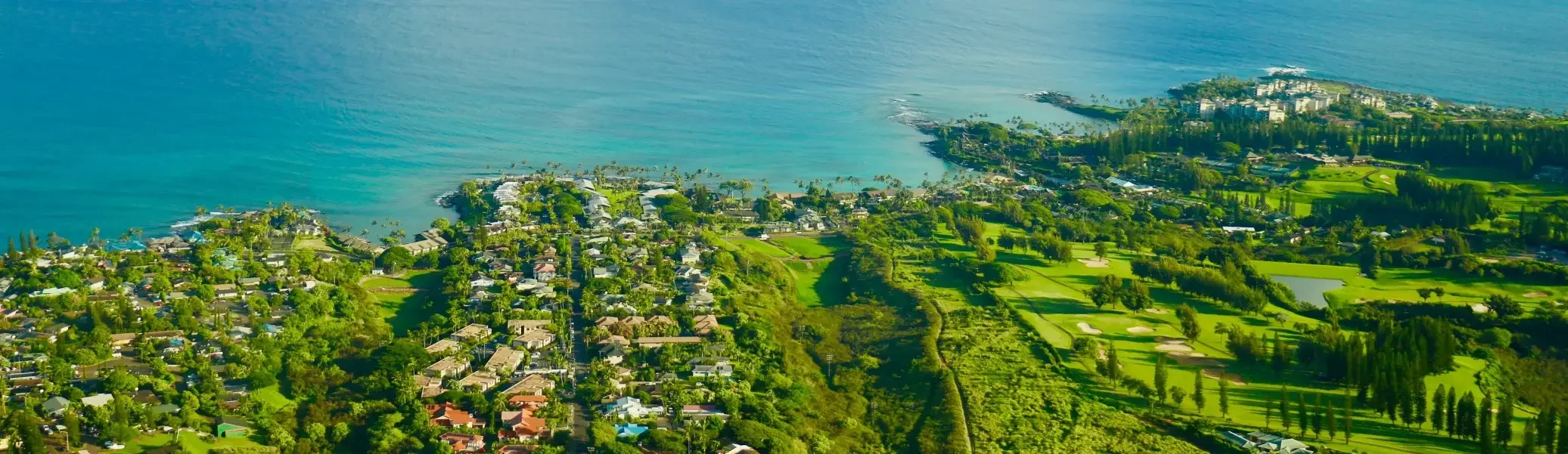 An aerial view of a coastal city with residential houses, a golf course, and a shoreline with the ocean in the background.