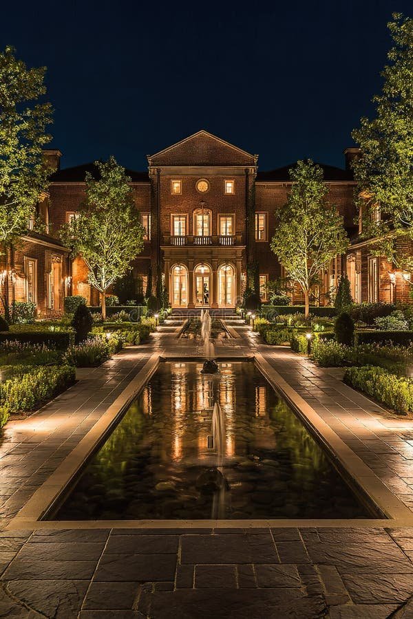 Elegant brick mansion illuminated at night, with a fountain-lined reflecting pool and manicured gardens in the foreground.
