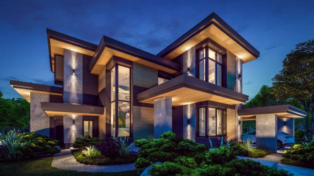 Modern luxury house with multiple levels, large windows, surrounded by landscaped garden, at dusk with exterior lighting.