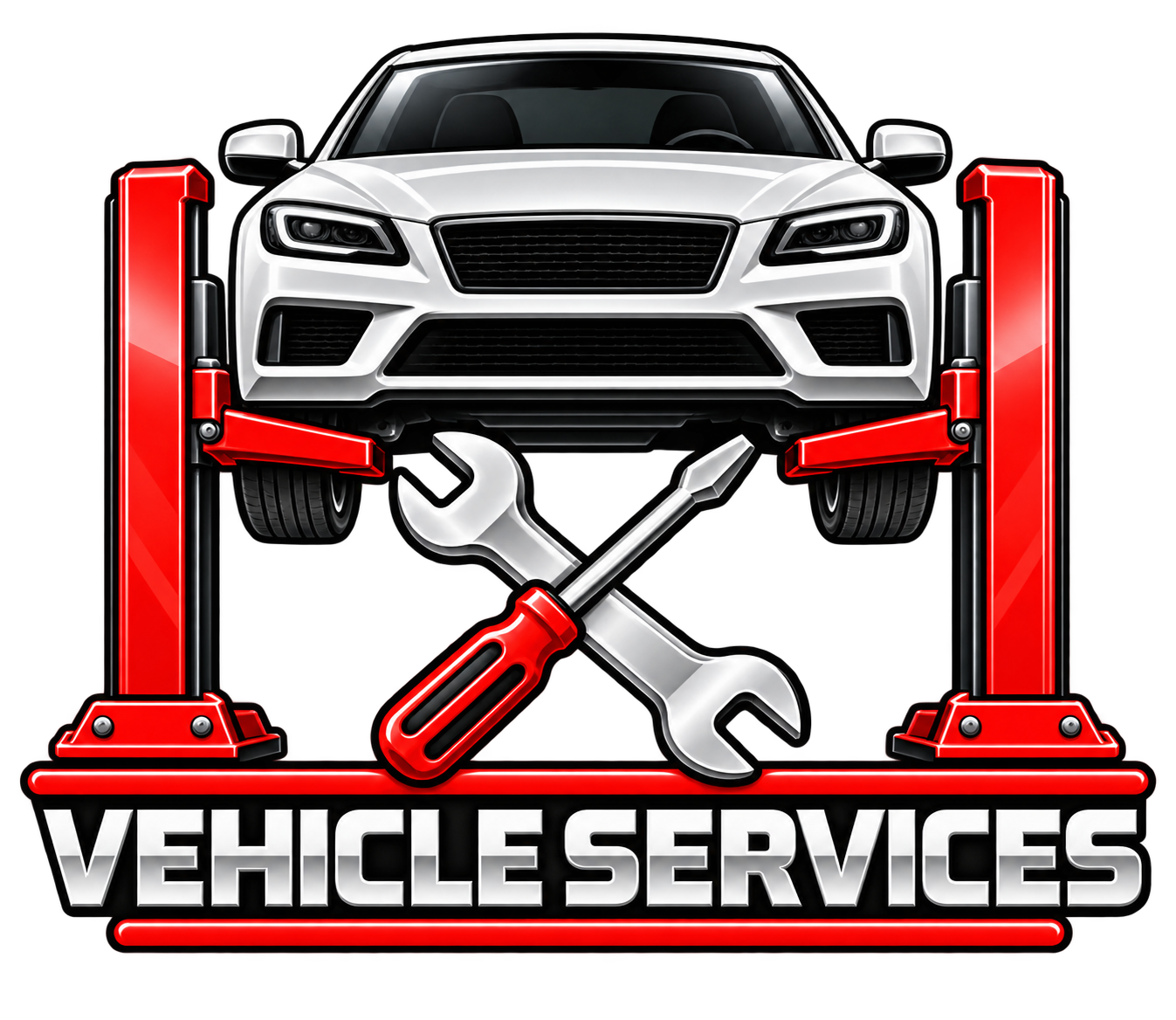 A white car on a hydraulic lift with a wrench and screwdriver crossed in front, and the words 'Vehicle Services' below.