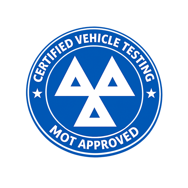 Blue circular badge with white text reading "Certified Vehicle Testing" and "MOT Approved," featuring a stylized geometric design in the center.