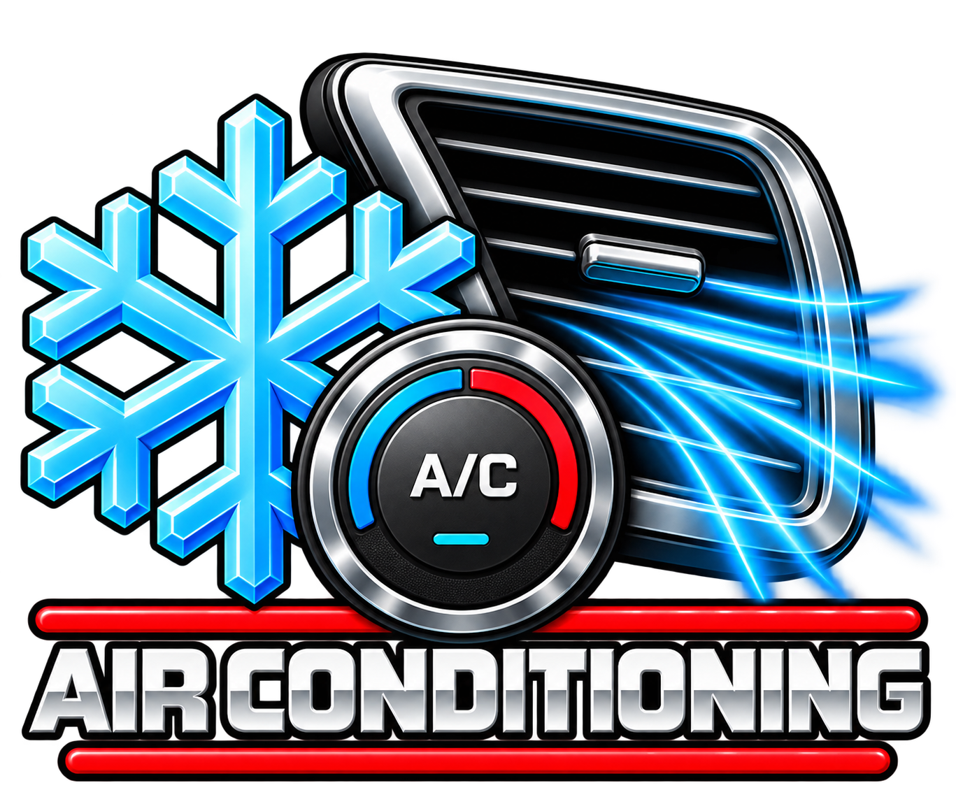 An illustration of an air conditioning unit with a snowflake symbol, a temperature control dial showing A/C, and the word AIRCONDITIONING.