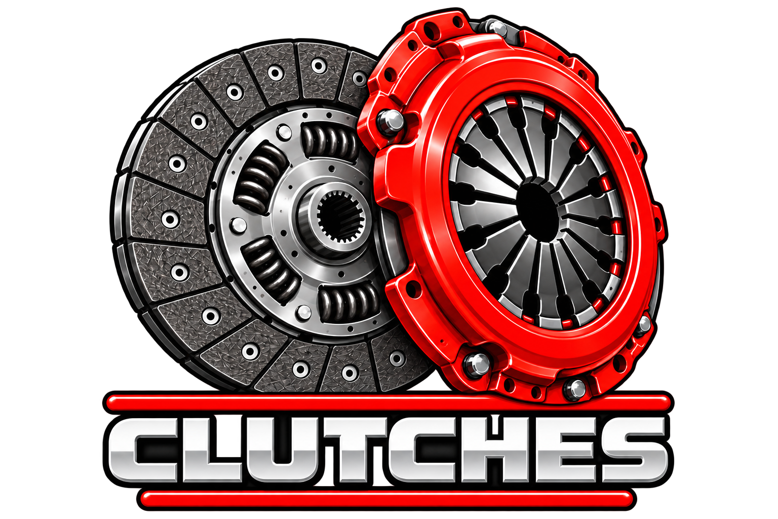 Image of an automotive clutch system with a red pressure plate and clutch disc, and the word 'Clutches' in bold letters beneath.