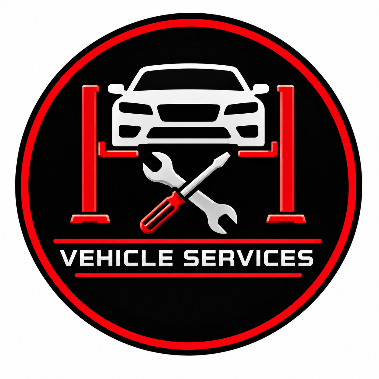 Neon sign with a car and tools, reading 'Vehicle Services'.