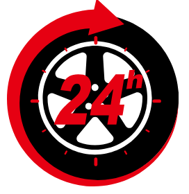 A clock icon with the text '24h' in red, indicating 24-hour service or availability.