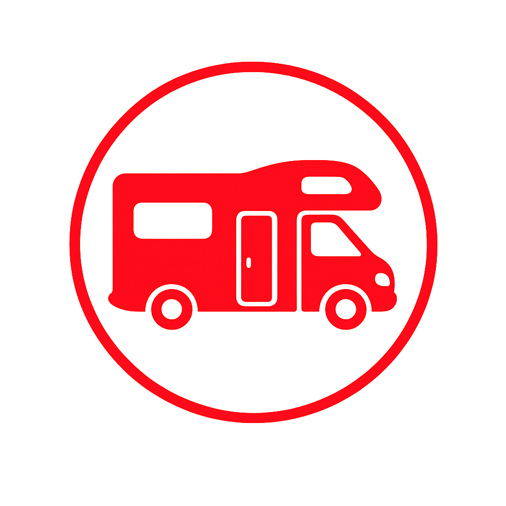 Red graphic icon of a motorhome inside a red circle