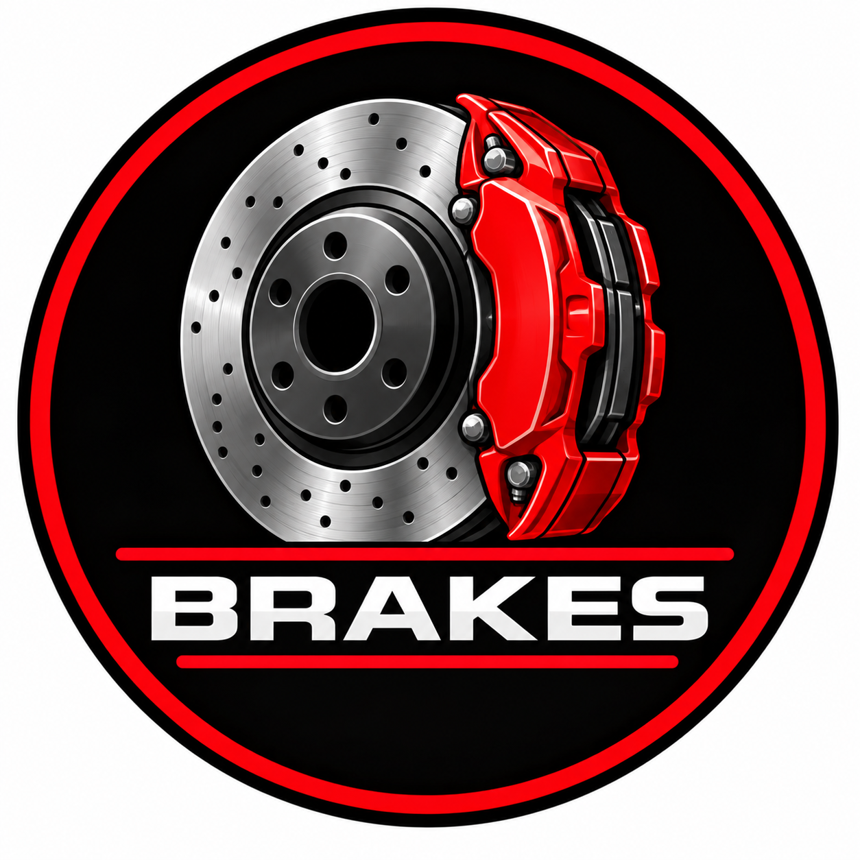 A circular logo featuring a detailed brake disc and a red brake caliper with the word 'BRAKES' written below in bold white letters, accented with red borders.