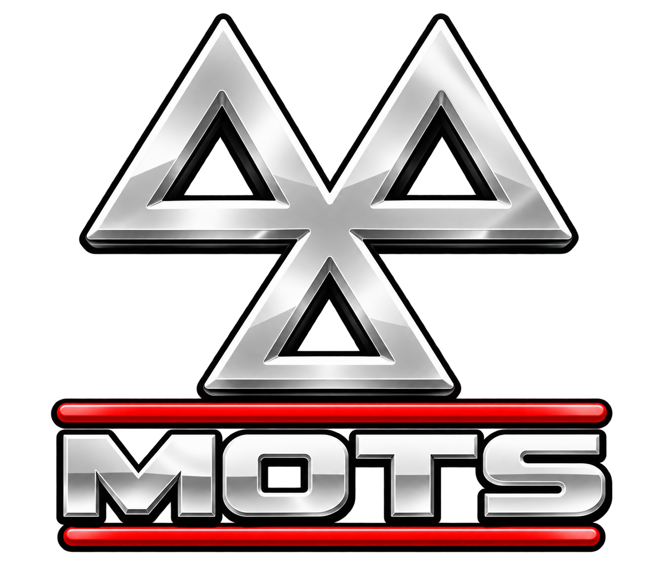 A metallic logo with three silver triangles forming a cross and the word "MOTS" in bold silver letters below, with red lines framing the text.