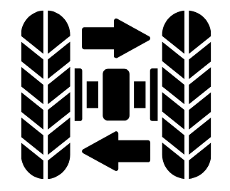 Tire tread pattern with two arrows pointing in opposite directions and a vehicle outline in the center, indicating tire rotation or direction.