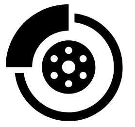 A black and white icon of a pizza with a circular slice and six dots representing toppings, enclosed in a circular design.