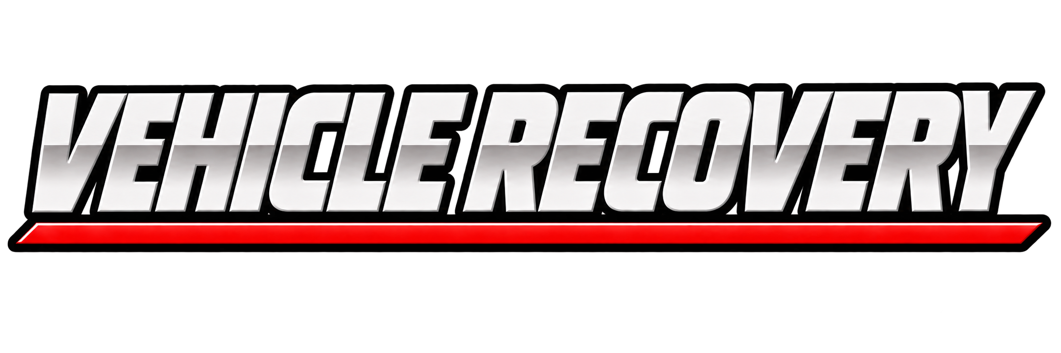 Logo for Vehicle Recovery with large metallic silver text outlined in black and a red underline.