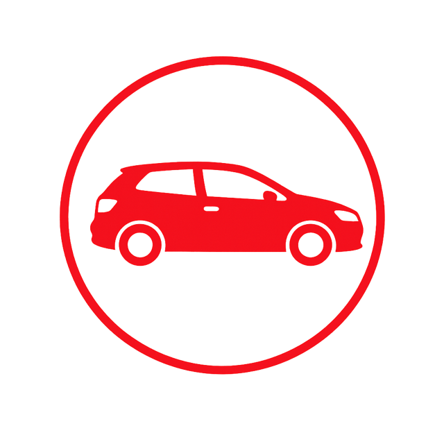 Red icon of a car inside a red circle on a black background