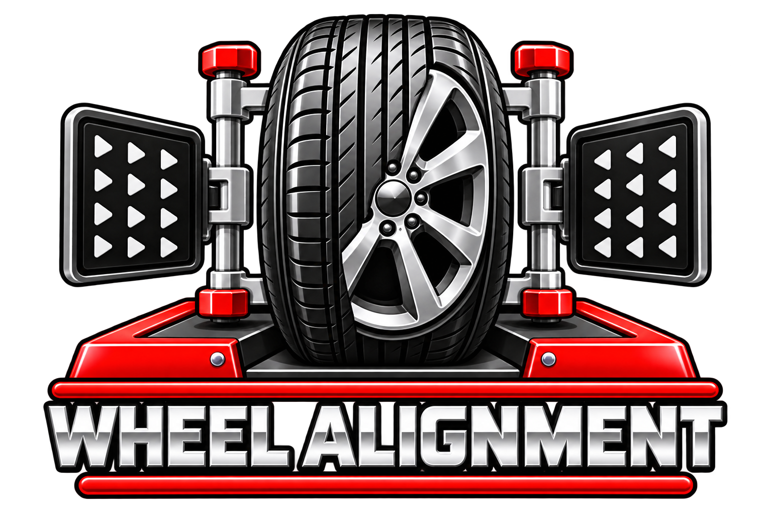 A digital illustration of a wheel alignment process, showing a car tire mounted on a machine with gauges and sensors for precise alignment, with the words 'WHEEL ALIGNMENT' displayed below.