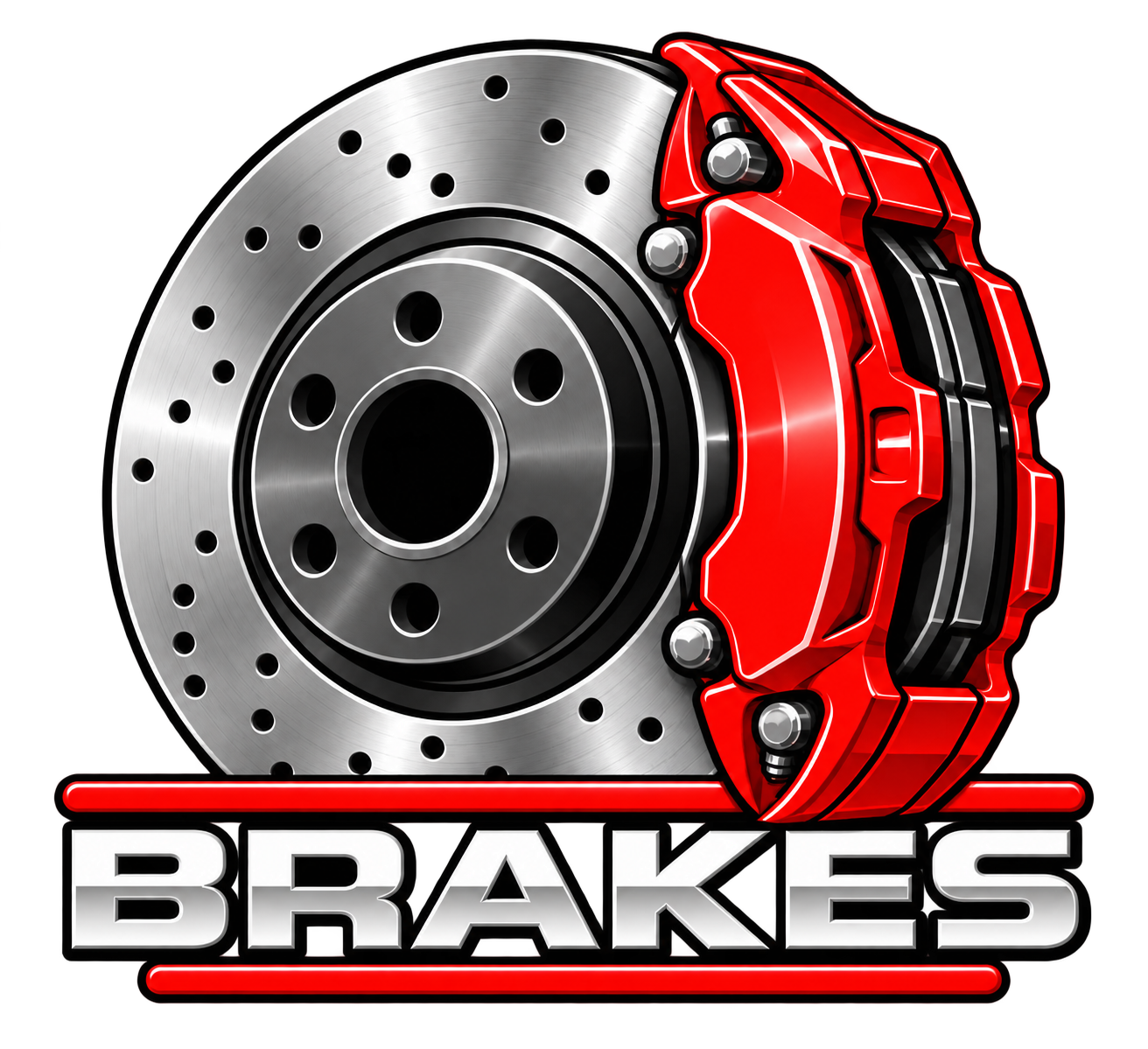 A metallic brake disc with a red brake caliper and the word 'BRAKES' in bold white letters at the bottom.