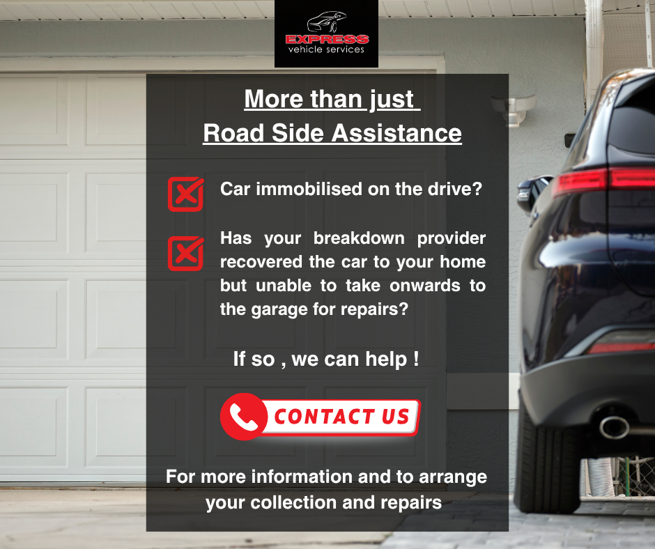Advertisement for Express vehicle services, offering roadside assistance and car repairs, with contact information and a car parked in a garage.