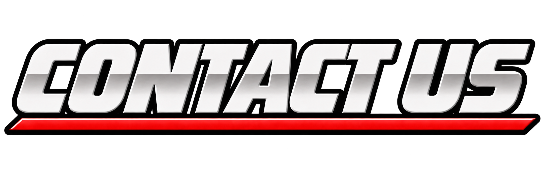 Comic book-style logo reading 'CONTACT US' with bold white letters, a gray gradient, black outline, and a red underline on a black background.