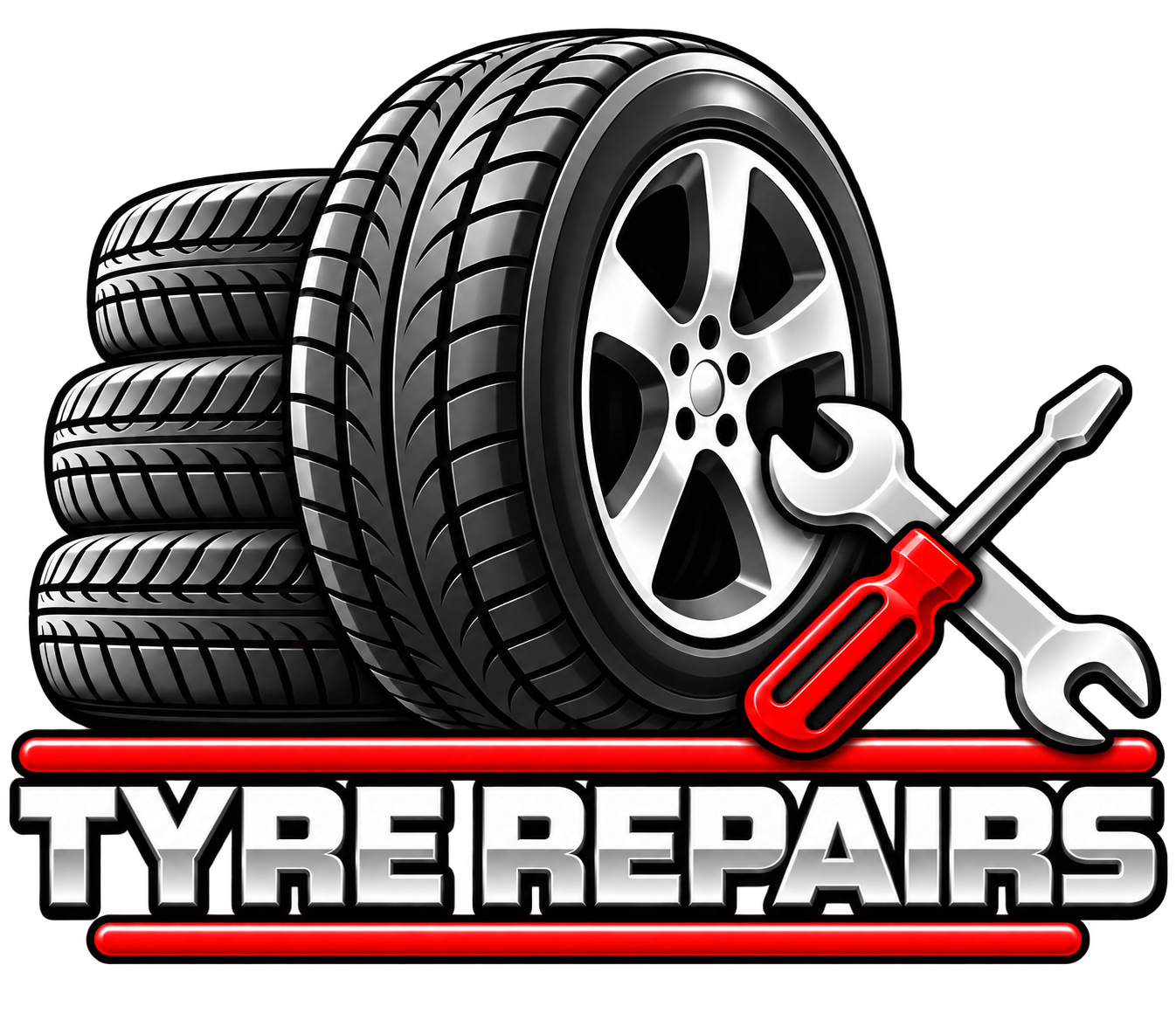 Stacks of tires, a tire with a wheel, and a wrench and screwdriver crossed over each other, with the words 'Tire Repairs' underneath in bold letters.