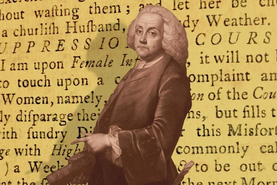 A collage of a historical document with a cutout of a man in 18th-century style clothing pointing to the left. The background is an old text document with typed words.