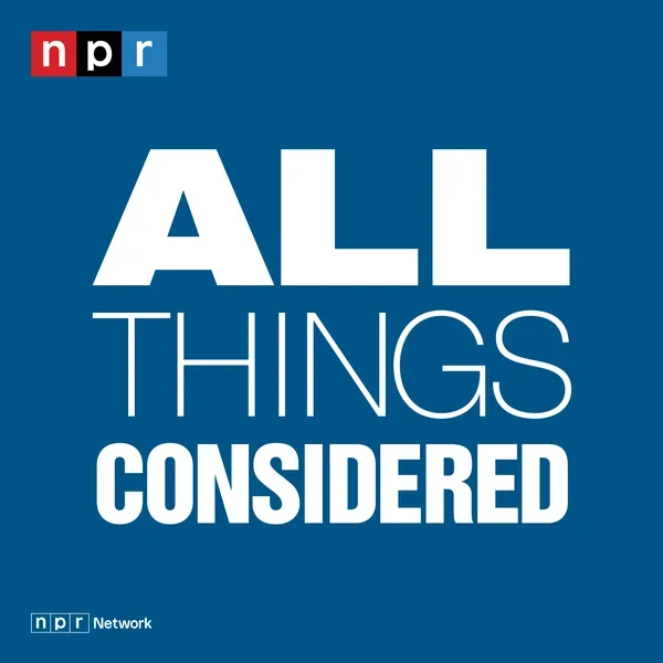 NPR All Things Considered podcast logo with a dark blue background and white text.