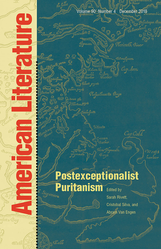 Cover of a book titled 'Postexceptional Puritanism,' edited by Sarah Rivett, Cristobal Silva, and Abram Van Engen. The background features a map of Cape Cod, Massachusetts, with the title on a blue section and a beige section on the left side with red text reading 'American Literature.'