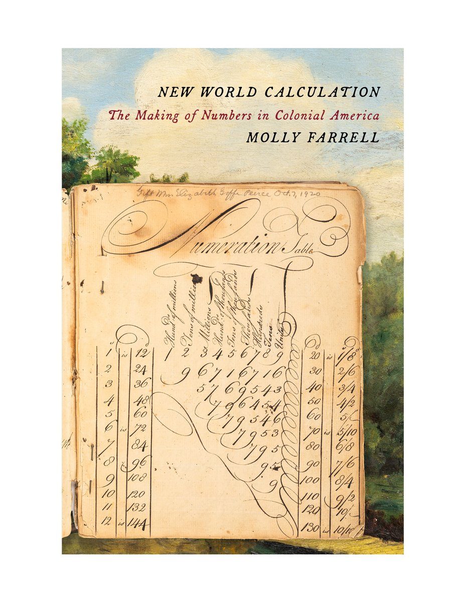 Book cover titled 'New World Calculation: The Making of Numbers in Colonial America' with handwritten calculations and notes inside, set against a background of trees and sky.