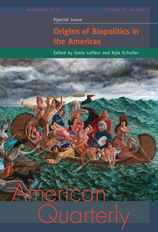 Cover of American Quarterly journal, September 2018 issue, volume 71, number 3. The cover features an illustration of Native Americans in a canoe, fighting against stormy ocean waves.