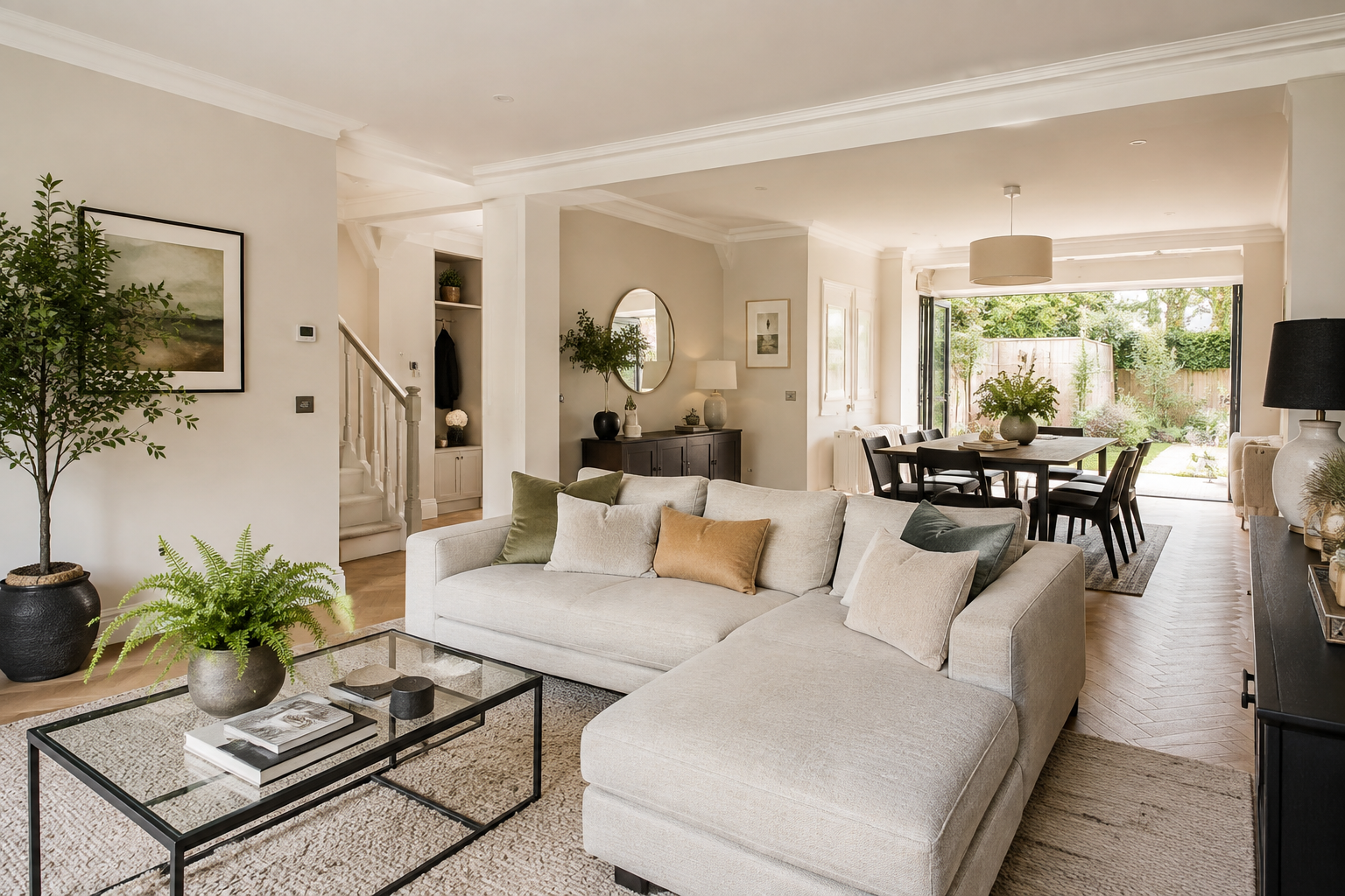 Bright living room with beige sofa, green and brown cushions, glass coffee table, indoor plants, dining area with wooden table and chairs, open glass doors leading to garden.