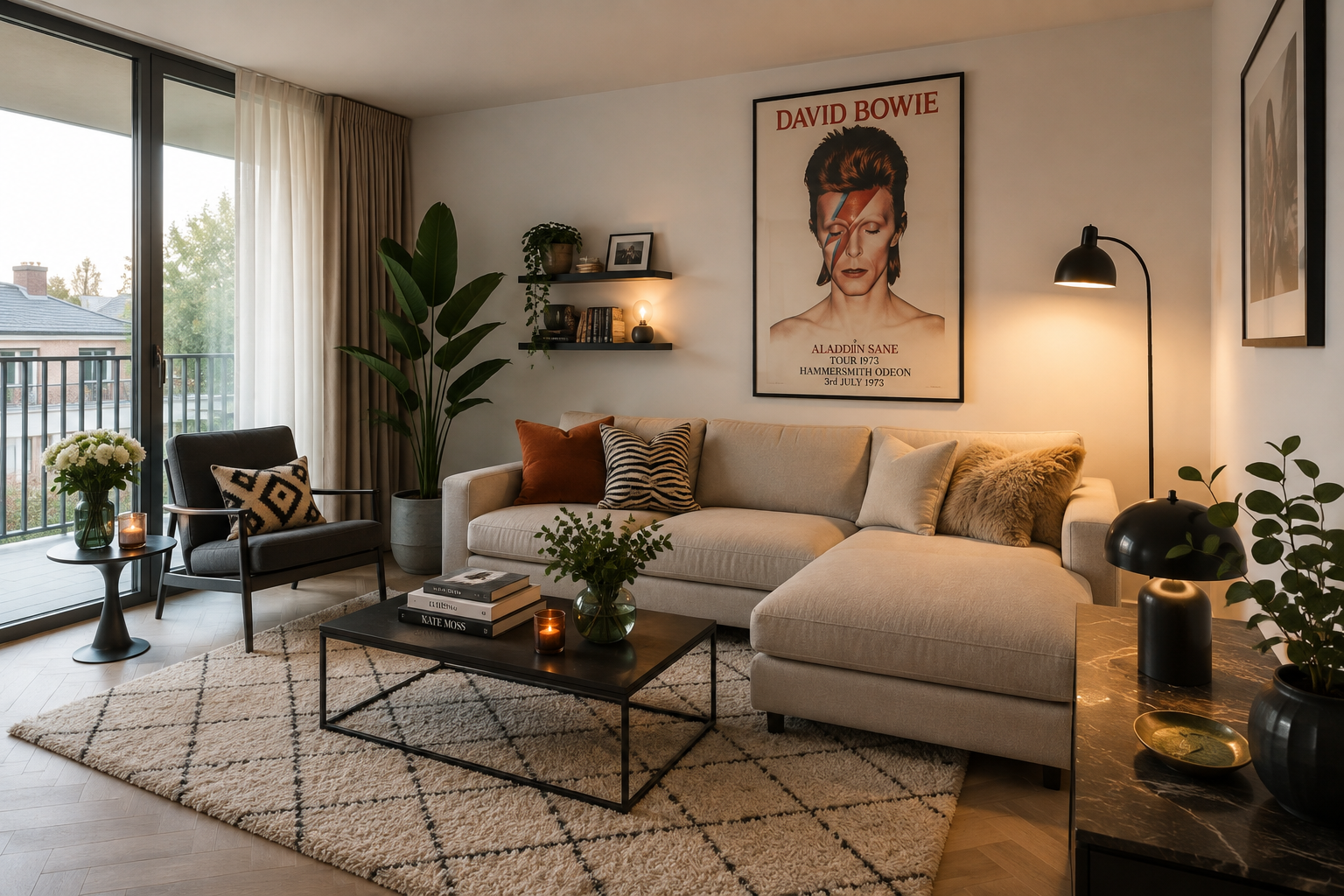 Living room with a beige sectional sofa adorned with throw pillows, a black armchair with a patterned pillow, a black coffee table with books and a plant, a textured rug, large windows with curtains, wall art including a large David Bowie poster, houseplants, and a floor lamp.