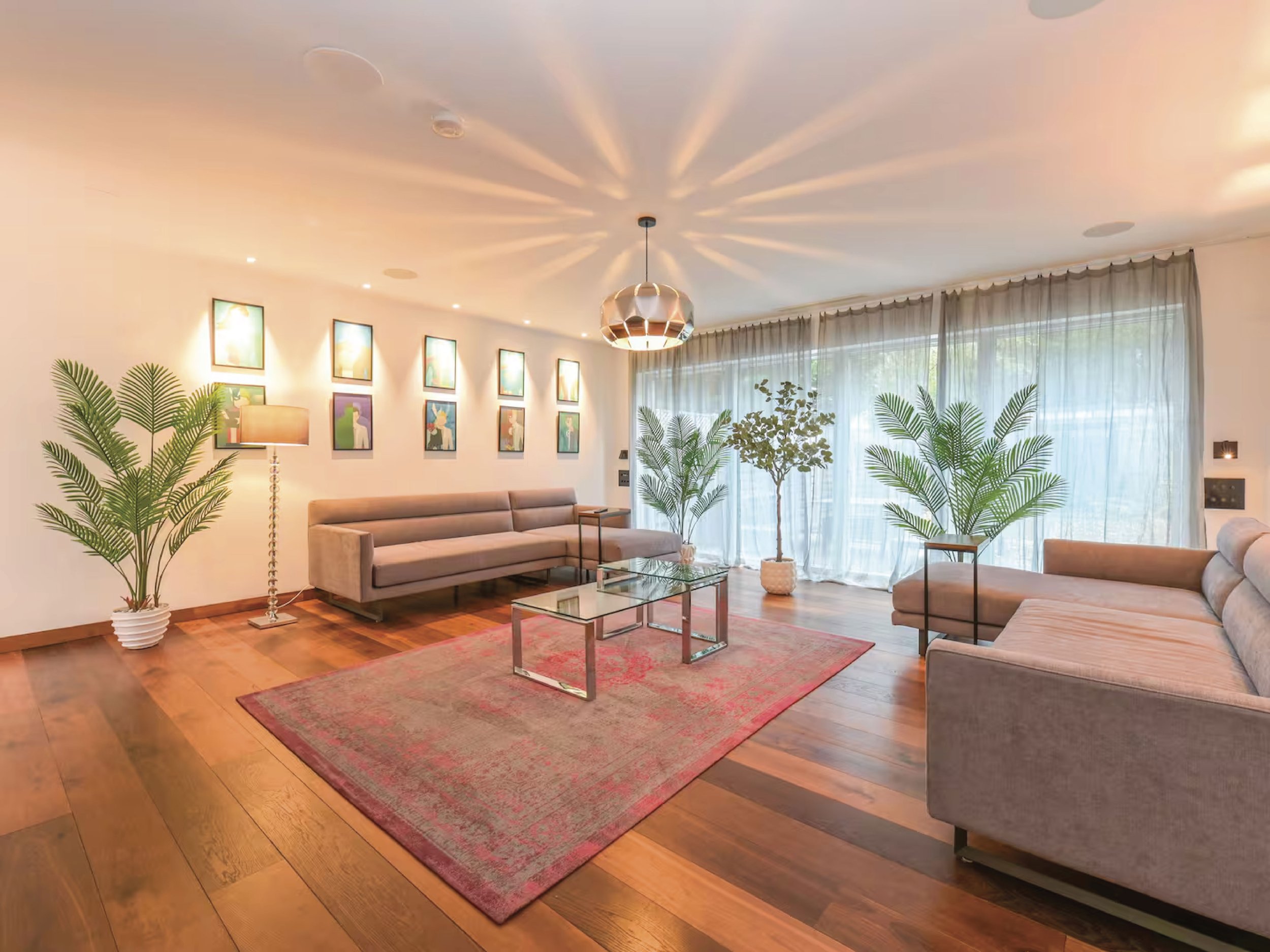 Living room with beige sofas, a glass coffee table, a patterned rug, potted plants, framed artwork on the wall, a floor lamp, and large windows with sheer curtains. Ceiling light projects starburst shadows.