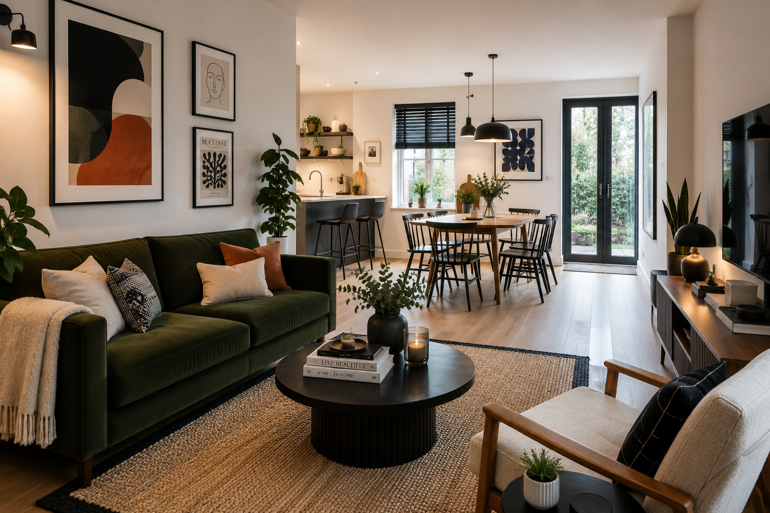 Bright and modern living room with dark green sofa, beige armchair, wooden dining table with black chairs, kitchen area, and outdoor view through glass doors.