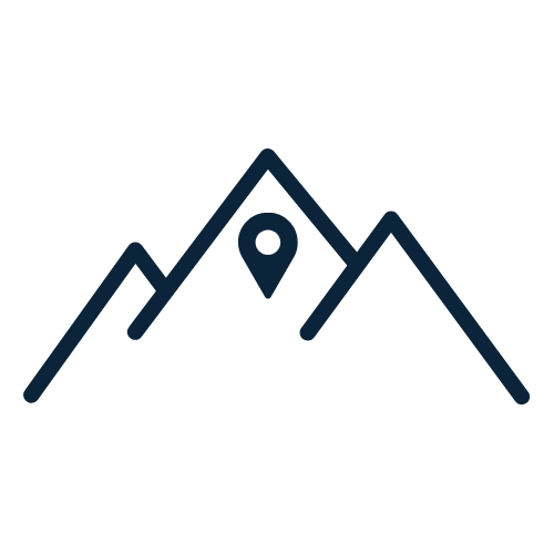Icon of a mountain range with a location pin at the center, on a black background.