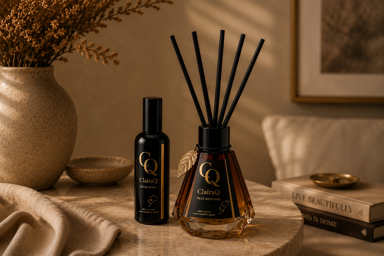 A decorative home scene with two black perfume bottles labeled "ClairaQ", one is a reed diffuser with a gold leaf attached, and the other is a room spray, placed on a marble table alongside a large beige vase with dried flowers, a smaller bowl, some fabric, and a stack of books.