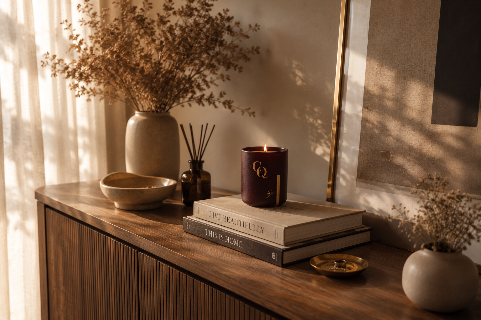 Decorative sideboard with a vase of dried flowers, a small bowl, a reed diffuser, a lit candle with 'CQ' on it, two stacked books titled 'Live Beautifully' and 'This Is Home', and a framed artwork in a warmly lit room.