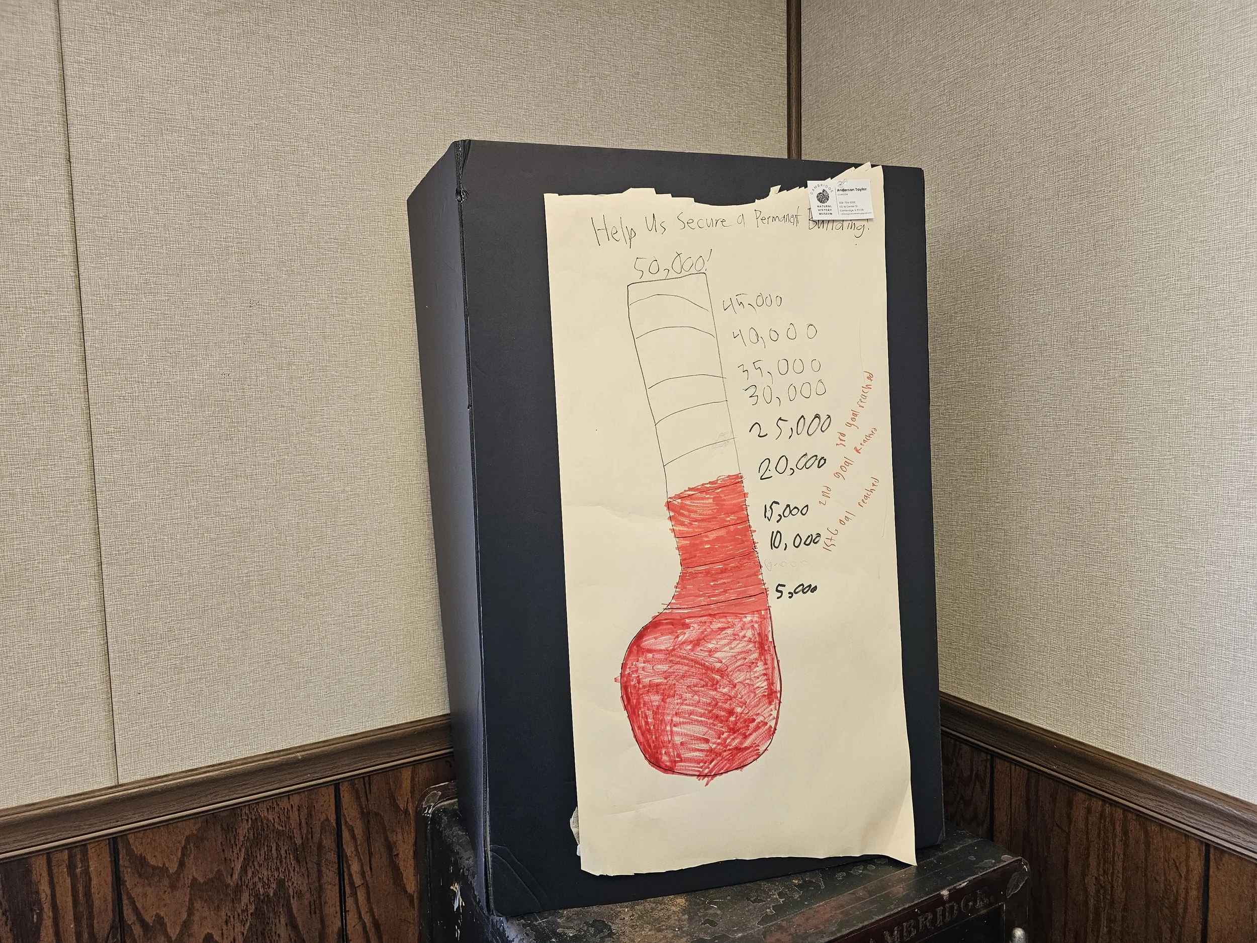 Hand-drawn fundraising thermometer tracking progress toward securing a permanent museum home.